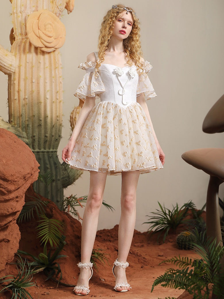 OPNE-SHOULDER PRINCESS FLARE-SLEEVE EMBROIDERY Dress