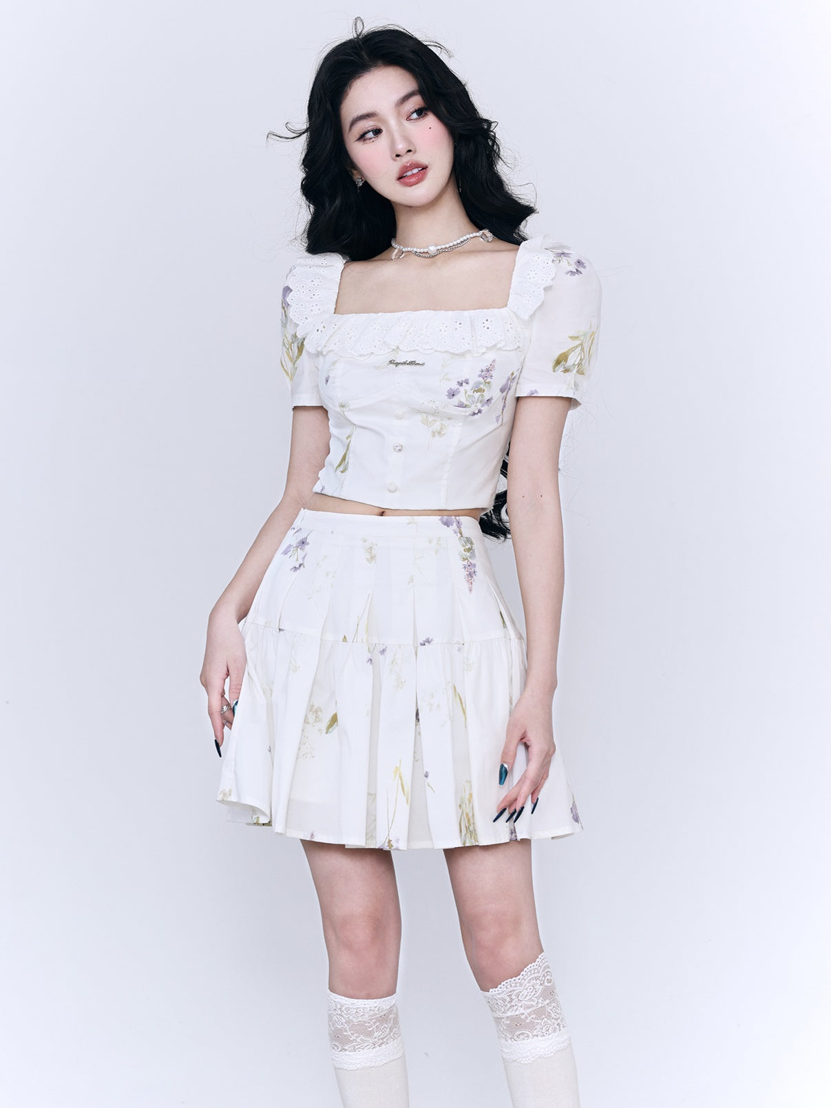 Lace Flower Natural Frill Girly Pleats Blouse＆Short-Skirt