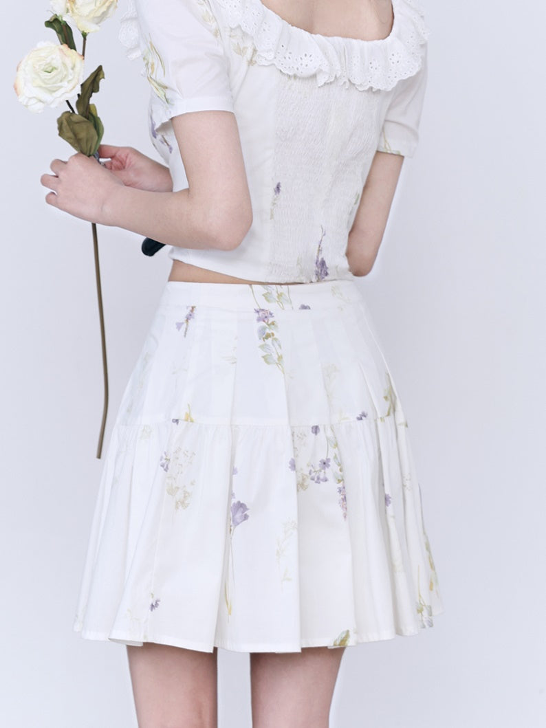 Lace Flower Natural Frill Girly Pleats Blouse＆Short-Skirt