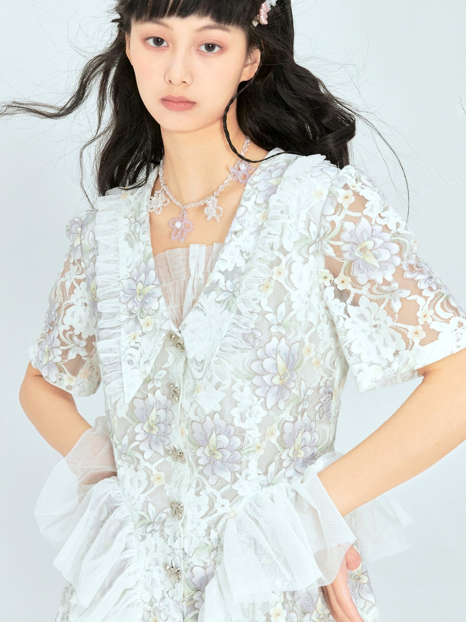 Vintage Floral Mesh Suit Collar Dress