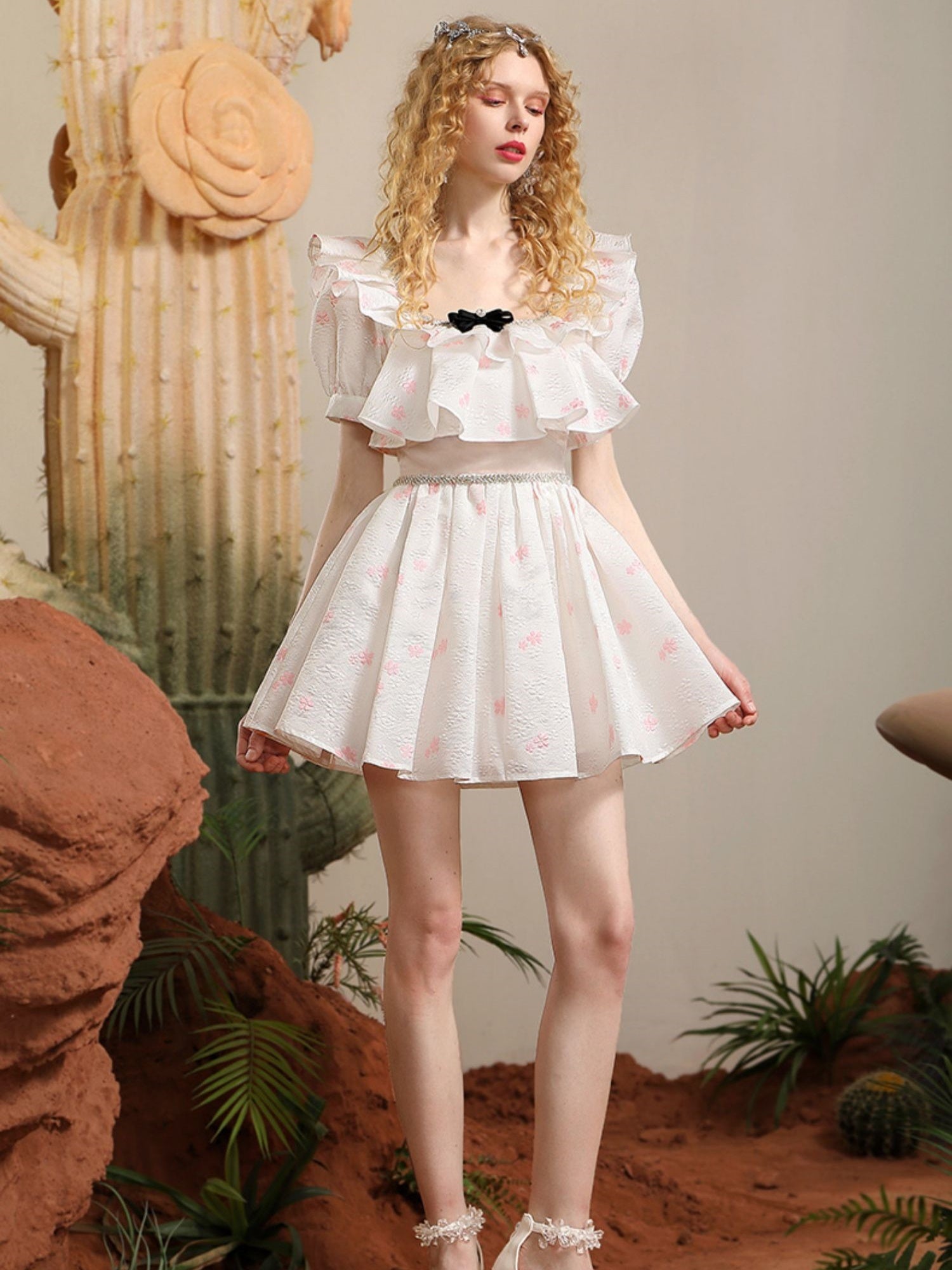 Lace Big-Collar Embroidery Frill Ribbon Sweet ONE-PIECE