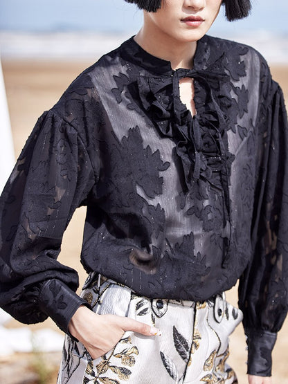 Sheer Mature Modest Frill Ribbon Blouse