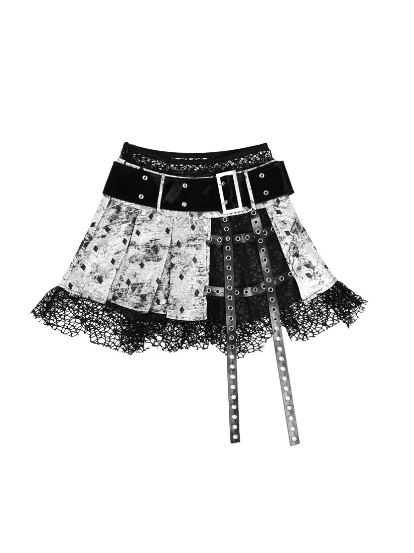 Gothic Short PLEATS LACE BELT SKIRT