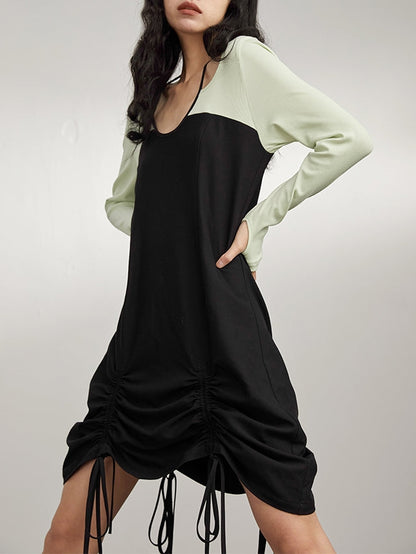 Ruched Long Sleeve Fake Two Piece Dress