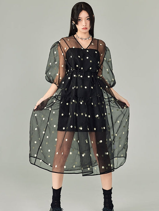 V-Neck Polka Dot Floral Mesh Dress