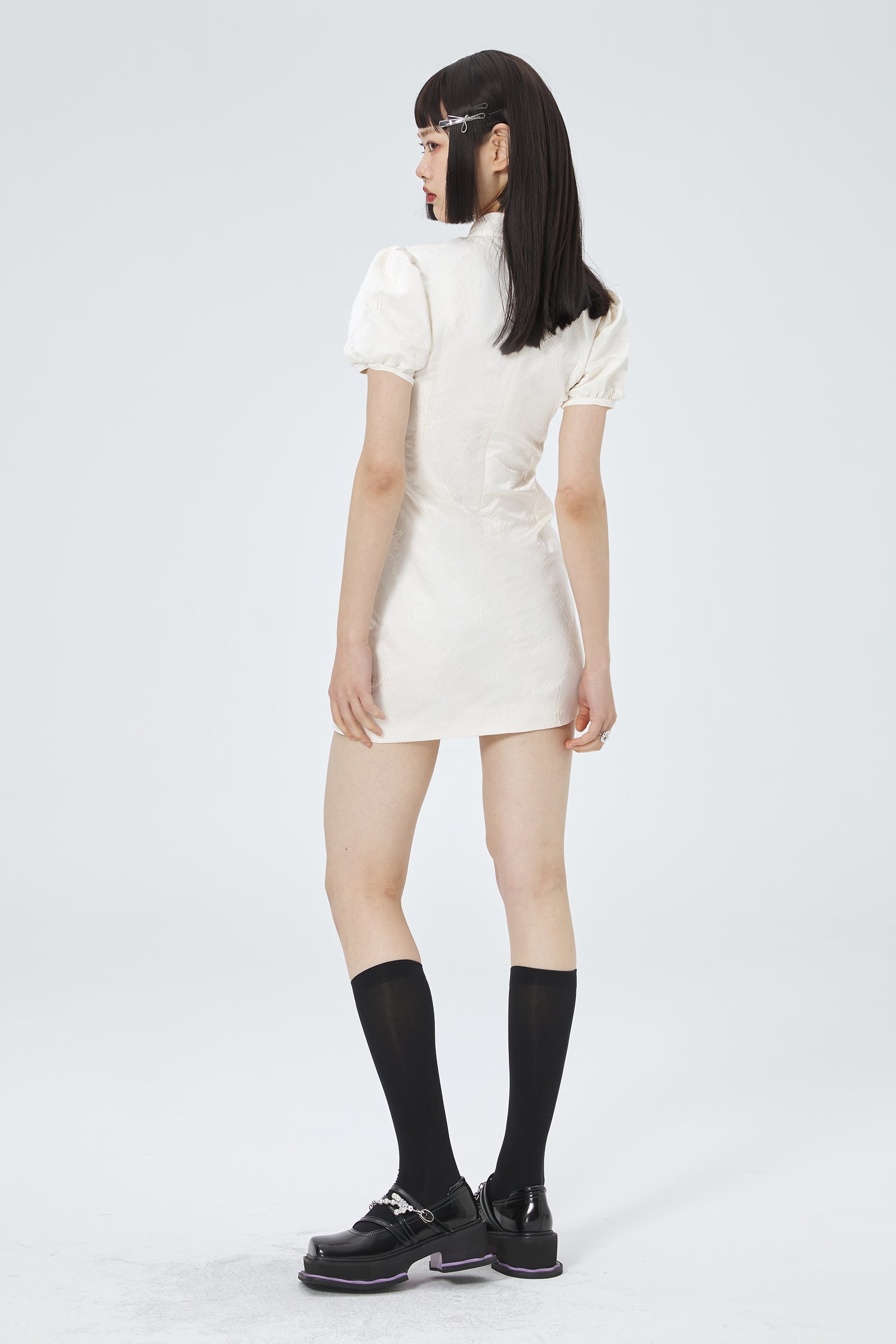 CHINESE-STYLE PUFF-SLEEVE TIGHT ONE-PIECE