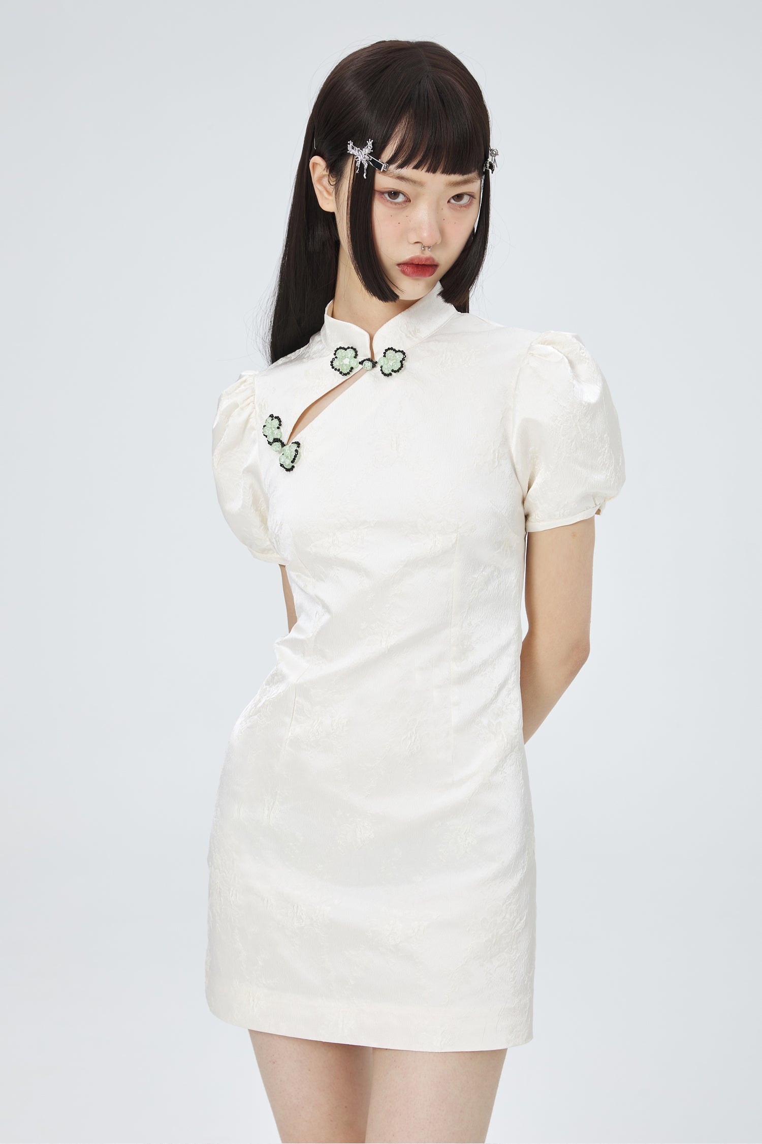 CHINESE-STYLE PUFF-SLEEVE TIGHT ONE-PIECE