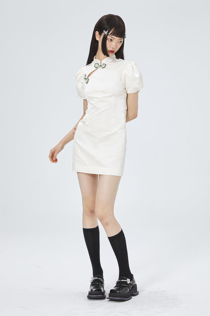 CHINESE-STYLE PUFF-SLEEVE TIGHT ONE-PIECE