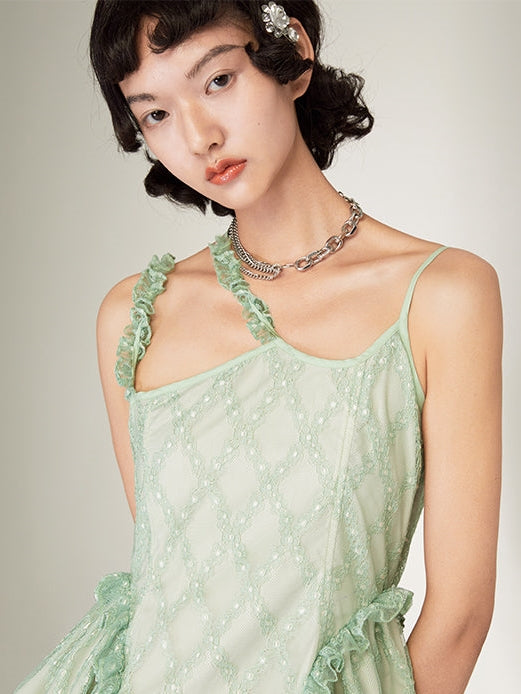 GREEN LACE IRREGULAR HEM SPLIT SLING Dress