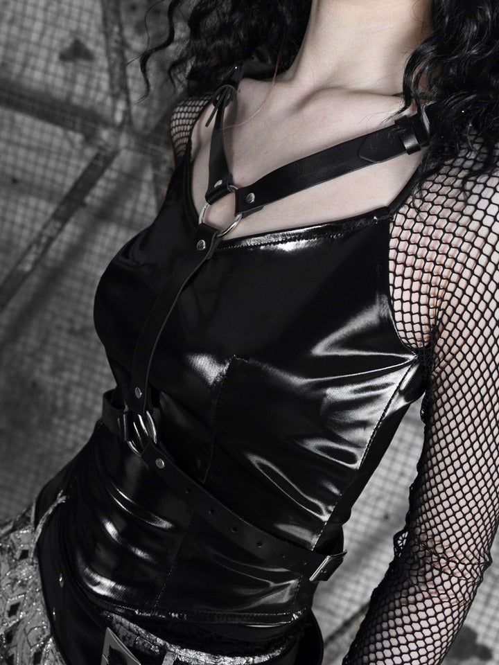 Gothic Leather Mesh Belt Tops
