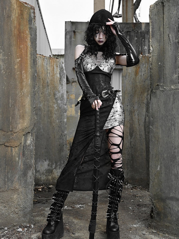 Gothic Mesh Lace Leather Long One-piece＆Jacket