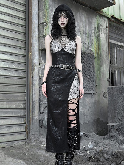 Gothic Mesh Lace Leather Long One-piece＆Jacket