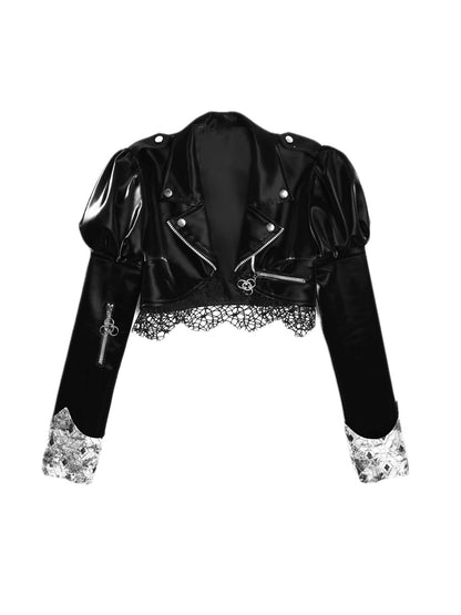 Gothic Power-Shoulder Leather Cropped Jacket