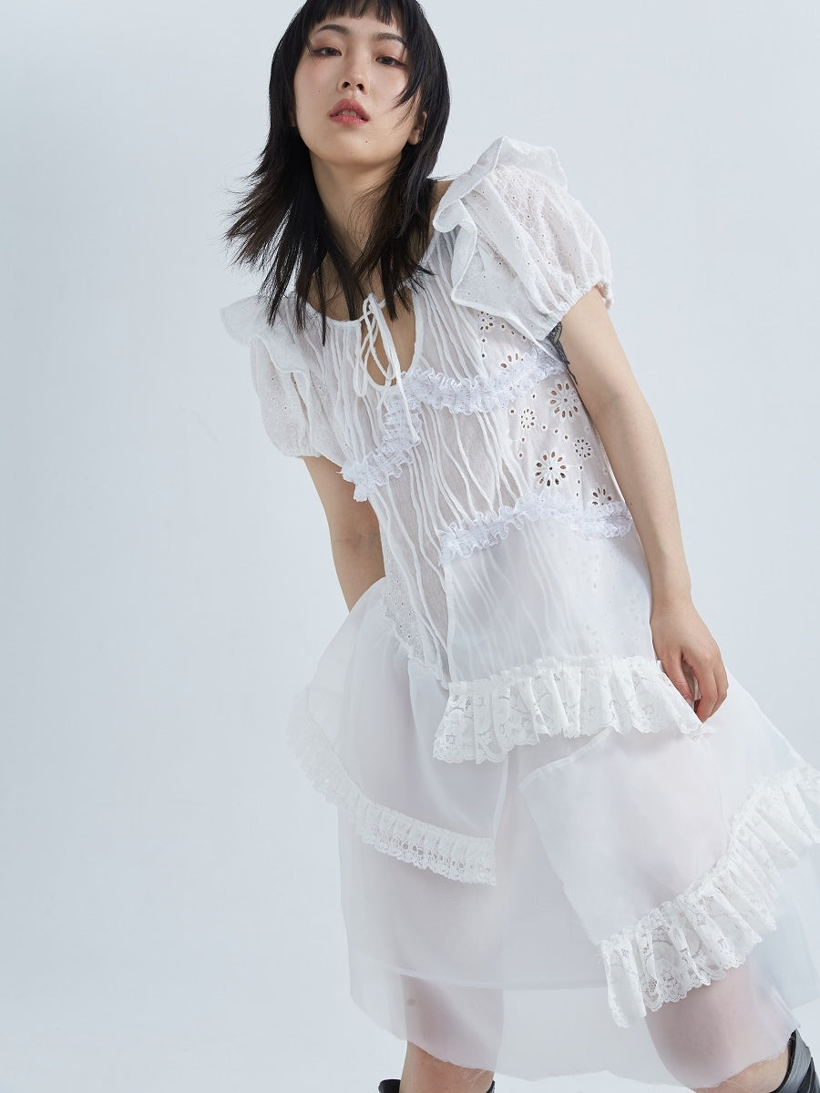 Irregular Embroidery Lace Puff-sleeves One-piece