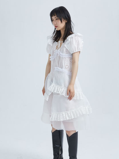 Irregular Embroidery Lace Puff-sleeves One-piece