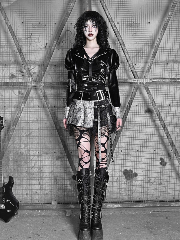 Gothic Power-Shoulder Leather Cropped Jacket