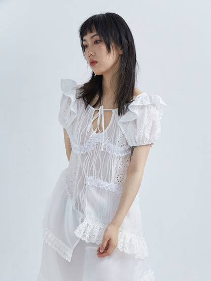 Irregular Embroidery Lace Puff-sleeves One-piece