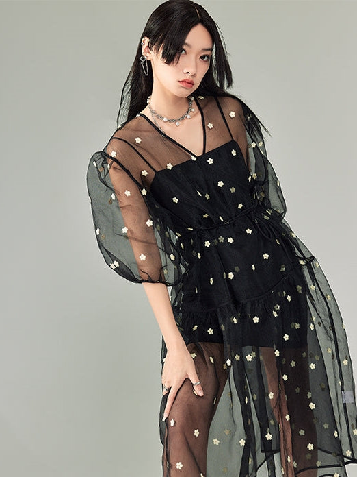 V-Neck Polka Dot Floral Mesh Dress