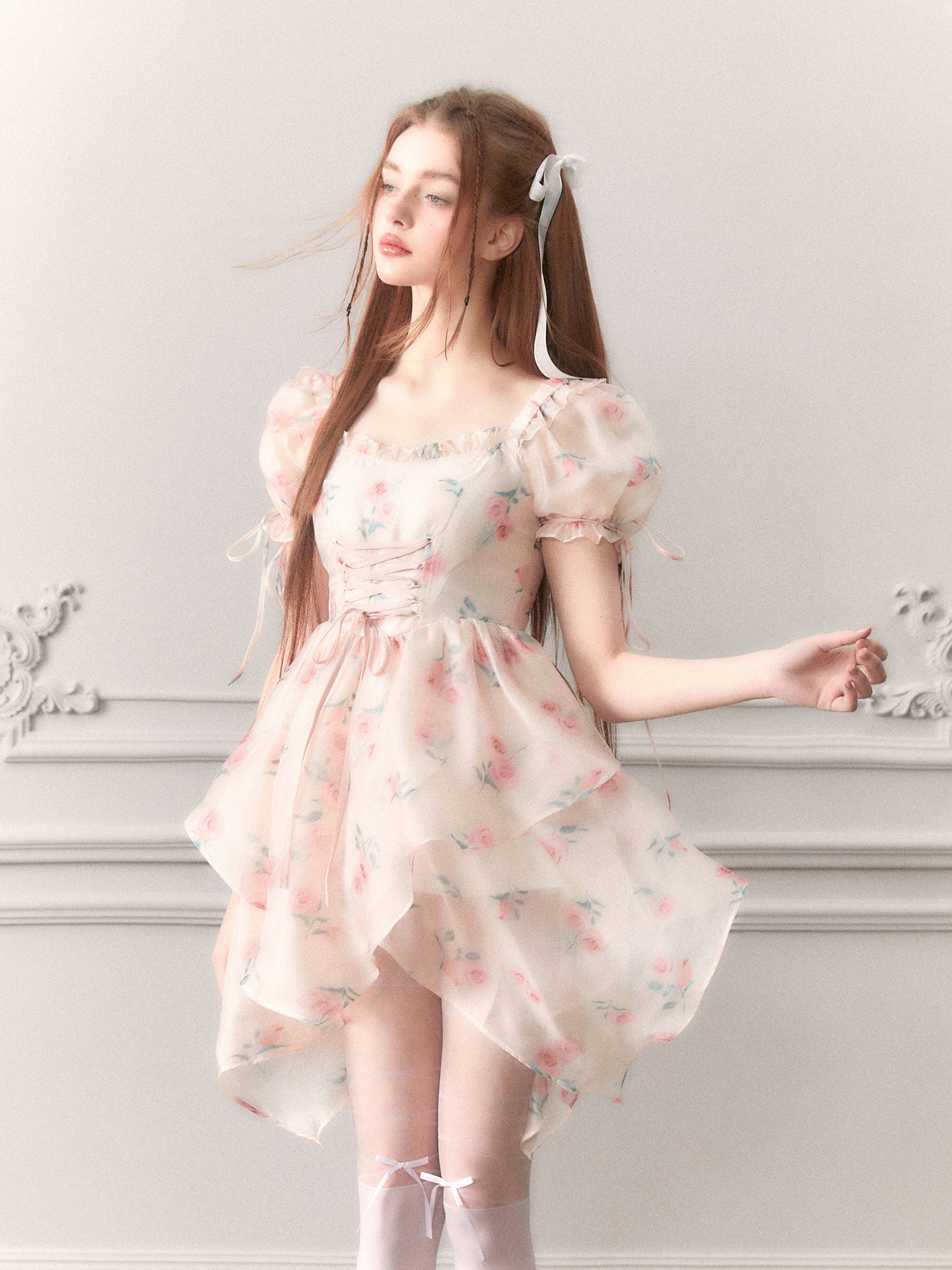 CIFFON PUFF-SLEEVE PRINCESS FLOWER ASYMMETRY LACE-UP Dress