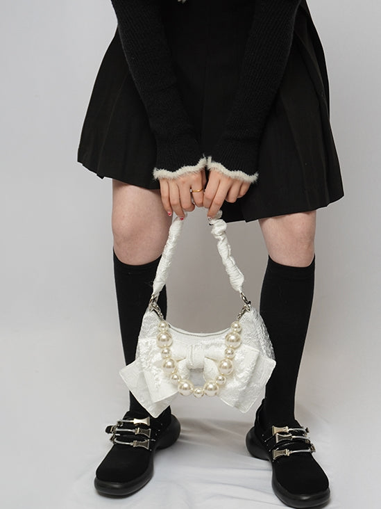 Shoulder Pearl Ribbon Leather Bag