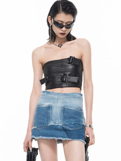 Gradation Denim Short High-Waist Skirt