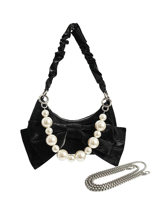 Shoulder Pearl Ribbon Leather Bag