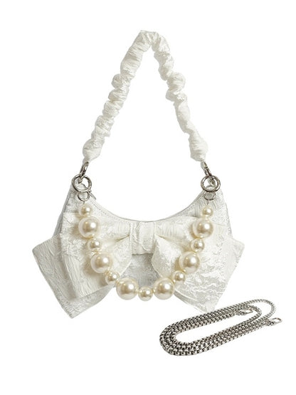 Shoulder Pearl Ribbon Leather Bag