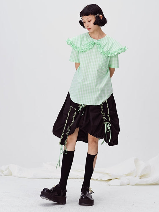 Contrast Color PLEATED RUFFLED SKIRT