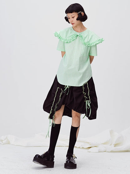 Contrast Color Pleated Ruffled Skirt