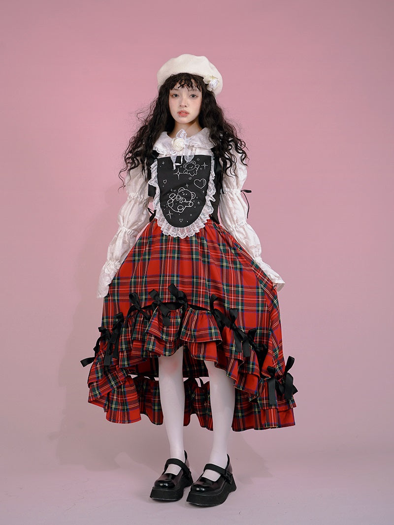 Fish-tail Plaid Cat Ribbon Frill Gothic Lorita Skirt