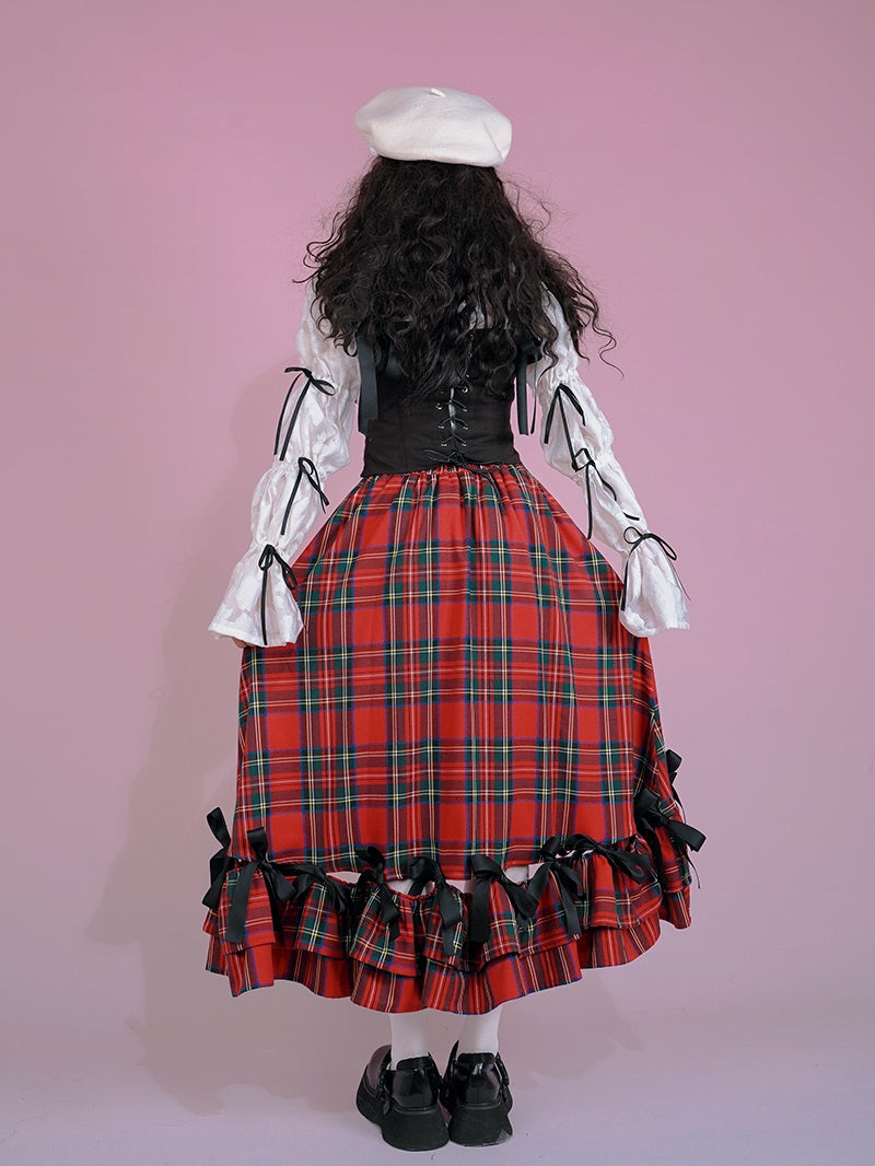 Fish-tail Plaid Cat Ribbon Frill Gothic Lorita Skirt