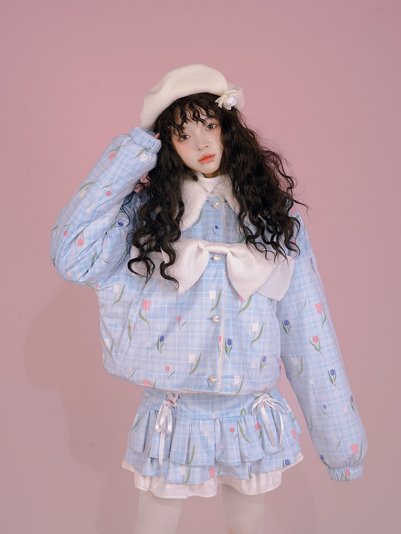 Tulip Ribbon Cute Sweet Boa Blouson