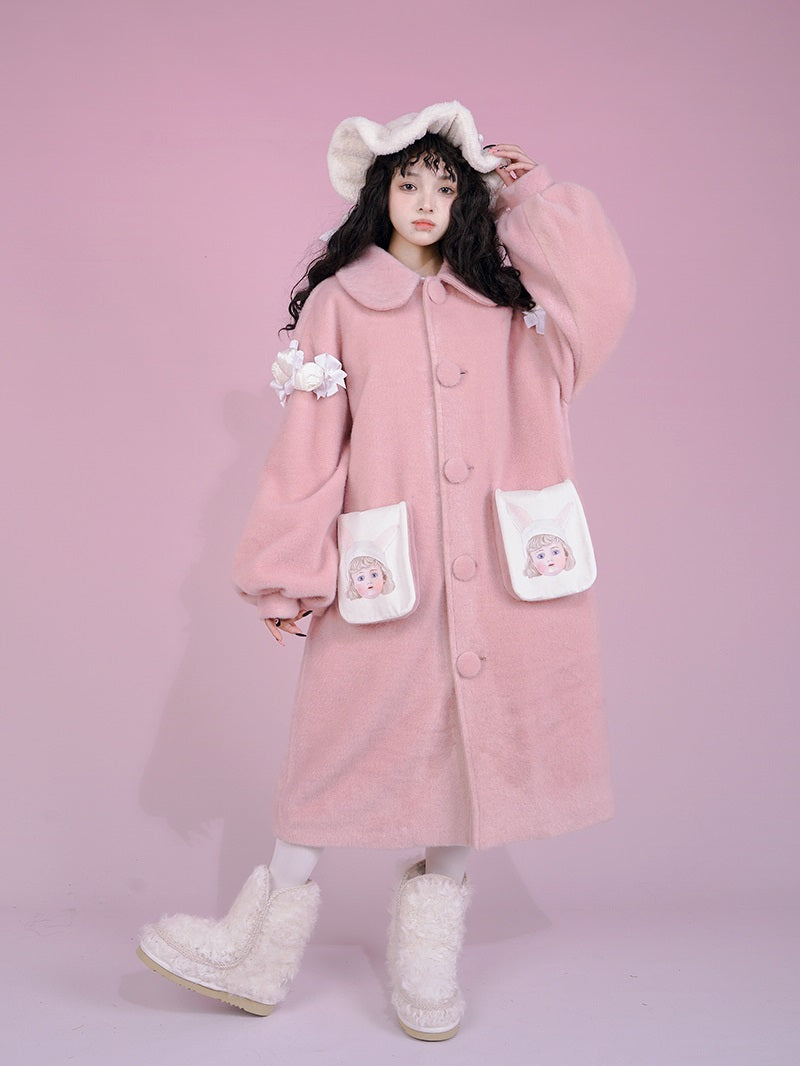 Long Cute Frill Round-Collar Coat