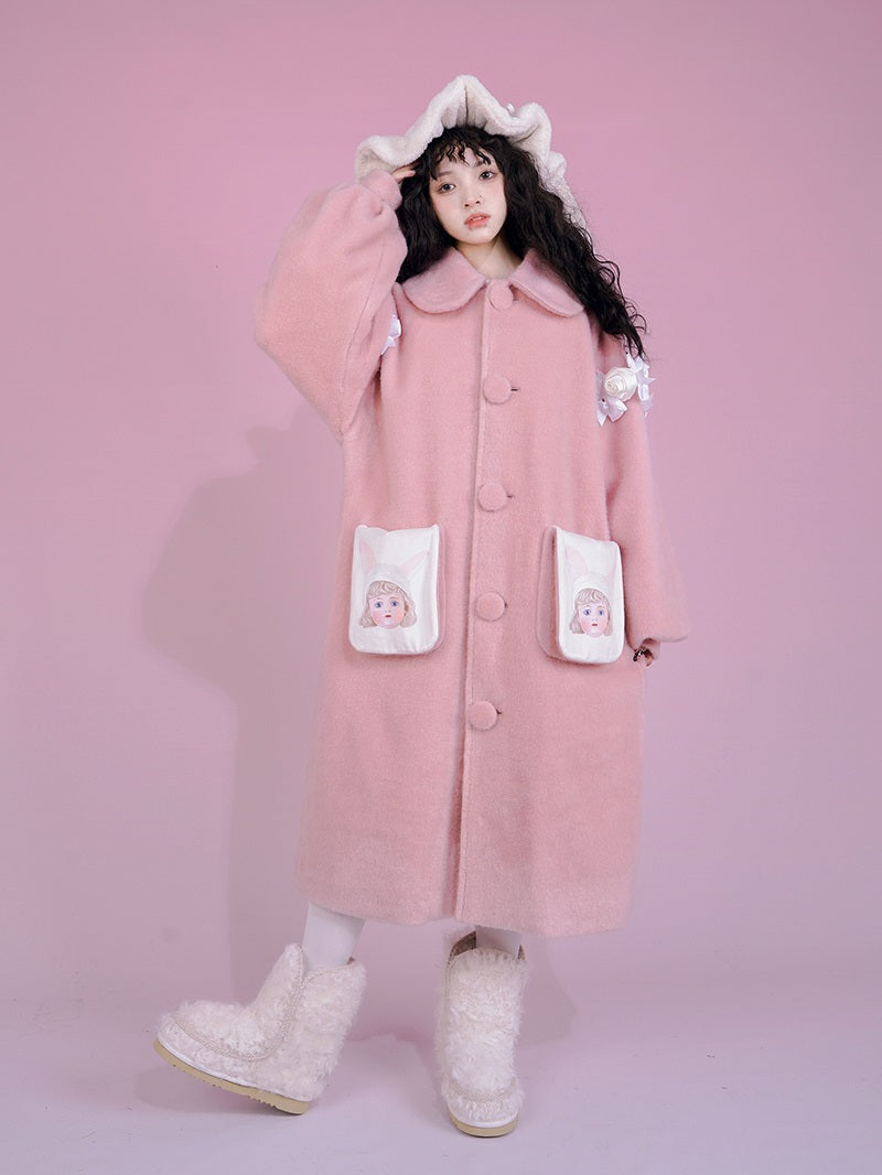 Long Cute Frill Round-Collar Coat