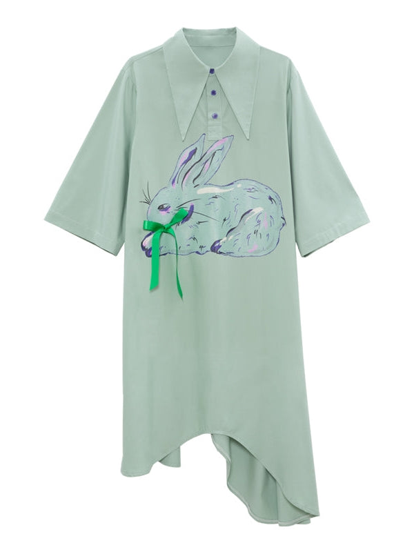 Retro Rabbit Pattern Short-Sleeed Shirt Dress