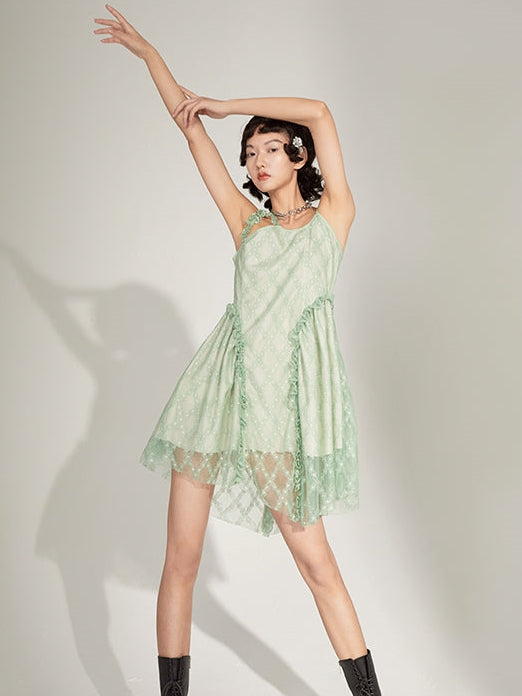 GREEN LACE IRREGULAR HEM SPLIT SLING Dress