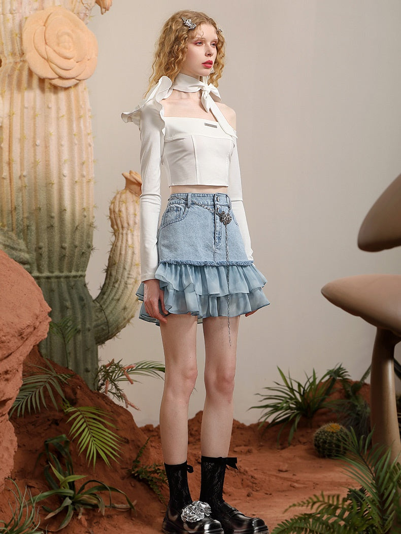 TOPS & SKIRT OFF-SHOULDER FRILL DENIM LACE MIX NICHI Set-UP