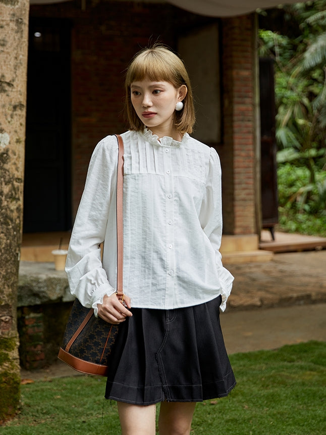 Stand-collar Cute Frill Stripe Blouse