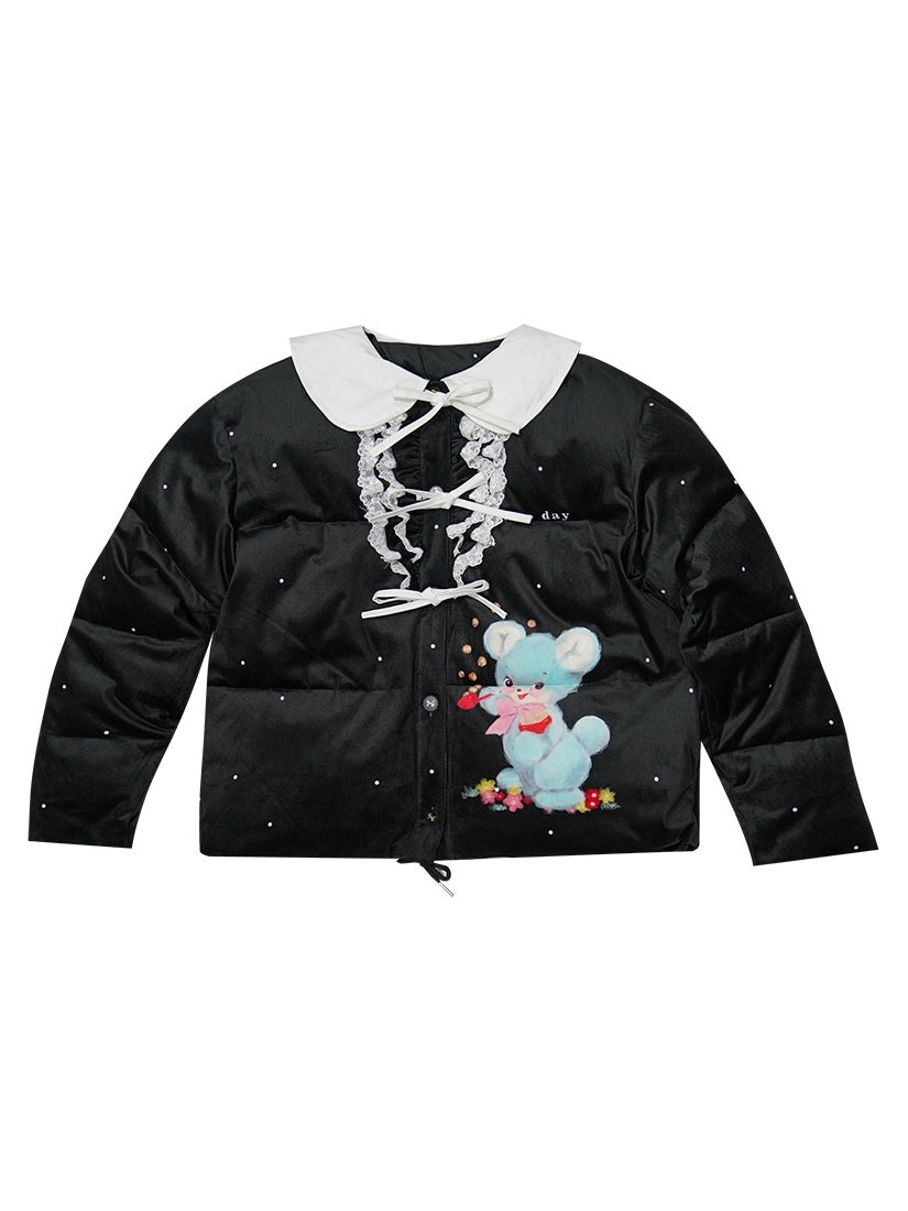 Bear Ribbon Lace Plaid Cute Down-Jacket