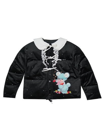 Bear Ribbon Lace Plaid Cute Down-jacket