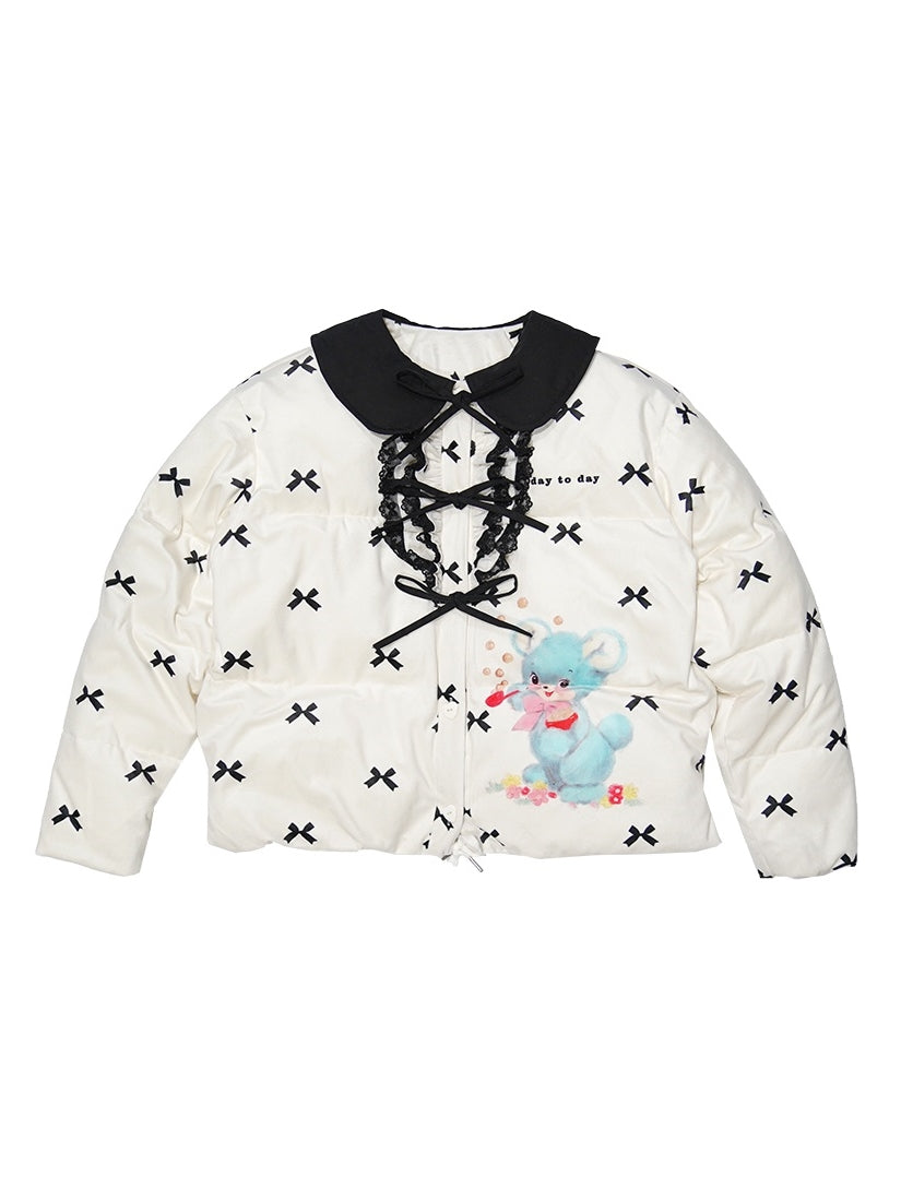 Bear Ribbon Lace Plaid Cute Down-jacket