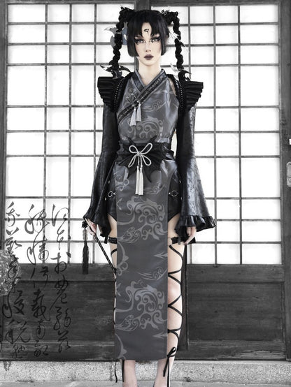 Gothic Cosplay Slit Suede China One-piece