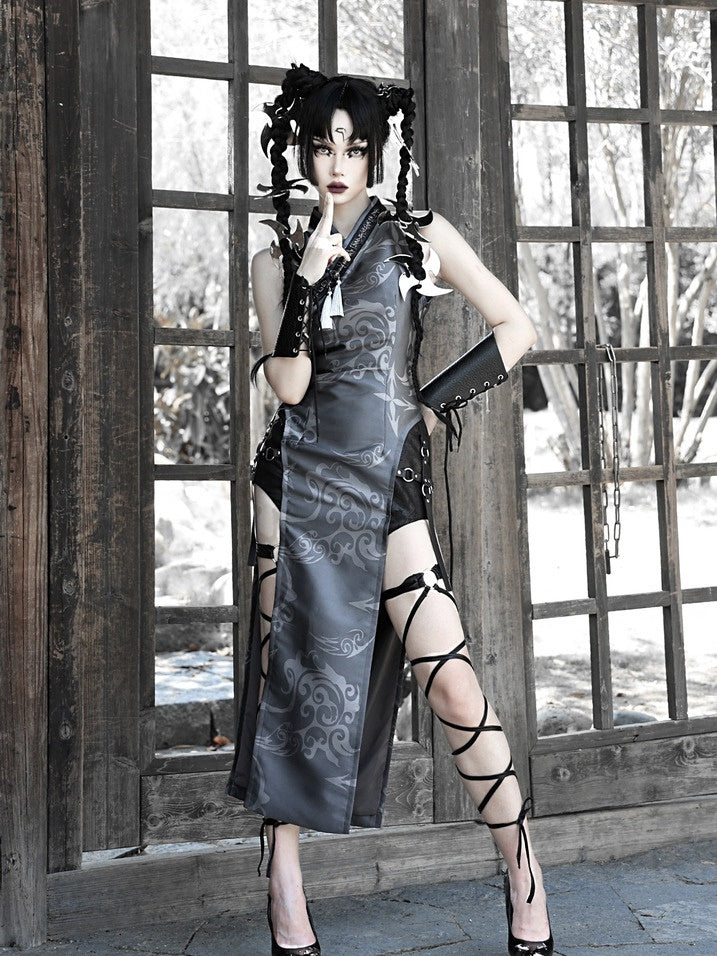 Gothic Cosplay Slit Wildleder China Ein-Stück