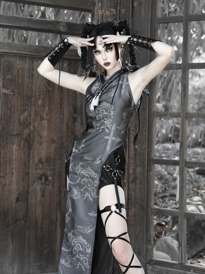 Gothic Cosplay Slit Wildleder China Ein-Stück