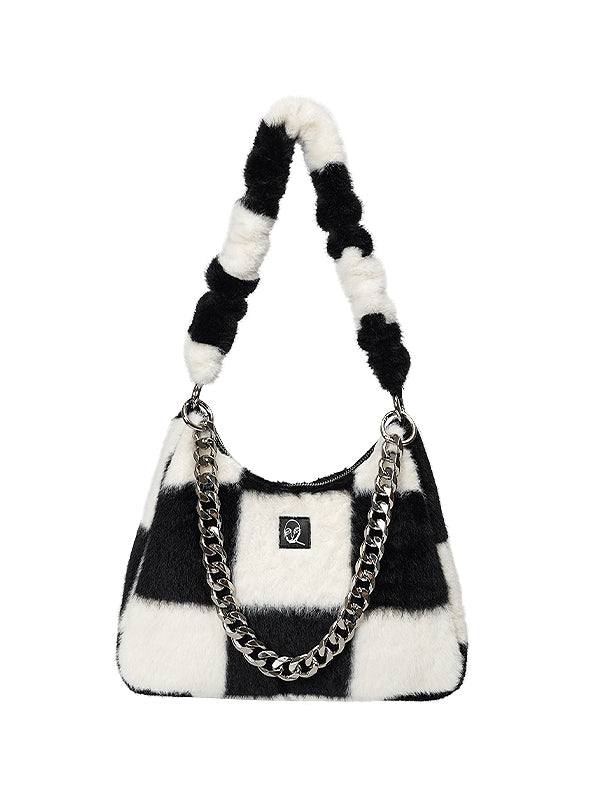 CHECKERBOARD PLAID CHAIN ​​SHOULDER FUR BAG