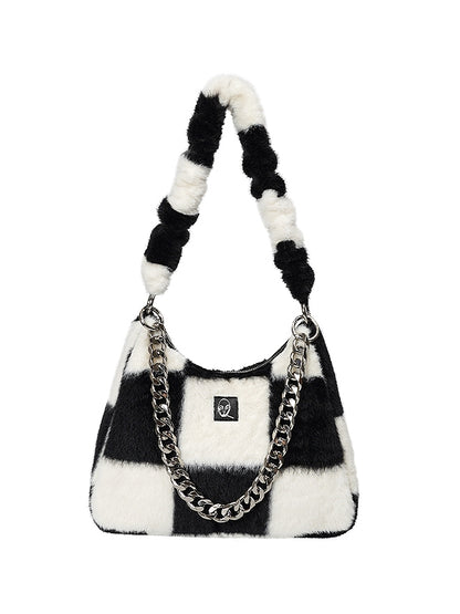 Checkerboard Plaid Chain Shoulder Fur Bag