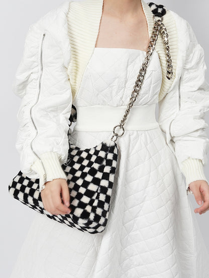 Checkerboard Plaid Chain Shoulder Fur Bag