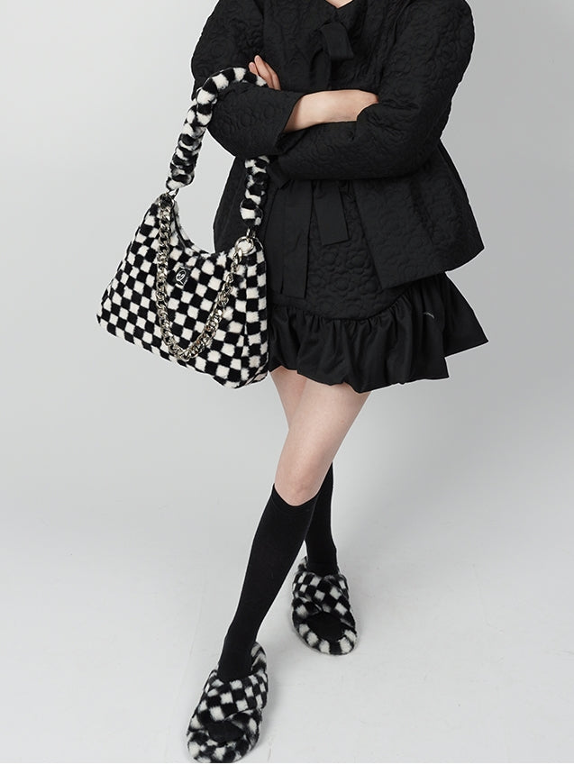 Checkerboard Plaid Chain Shoulder Fur Bag