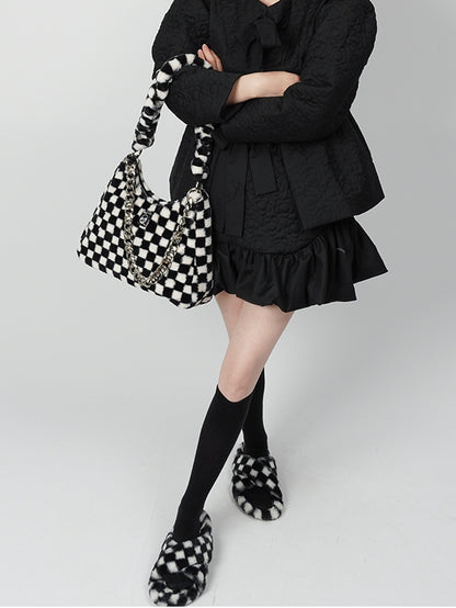 Checkerboard Plaid Chain Shoulder Fur Bag