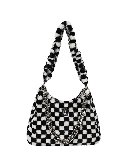 Checkerboard Plaid Chain Shoulder Fur Bag